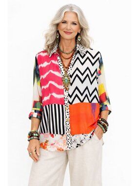 John Mark Women L Colorful Patchwork Tunic Top Boho Artsy Travel Resort Blouse